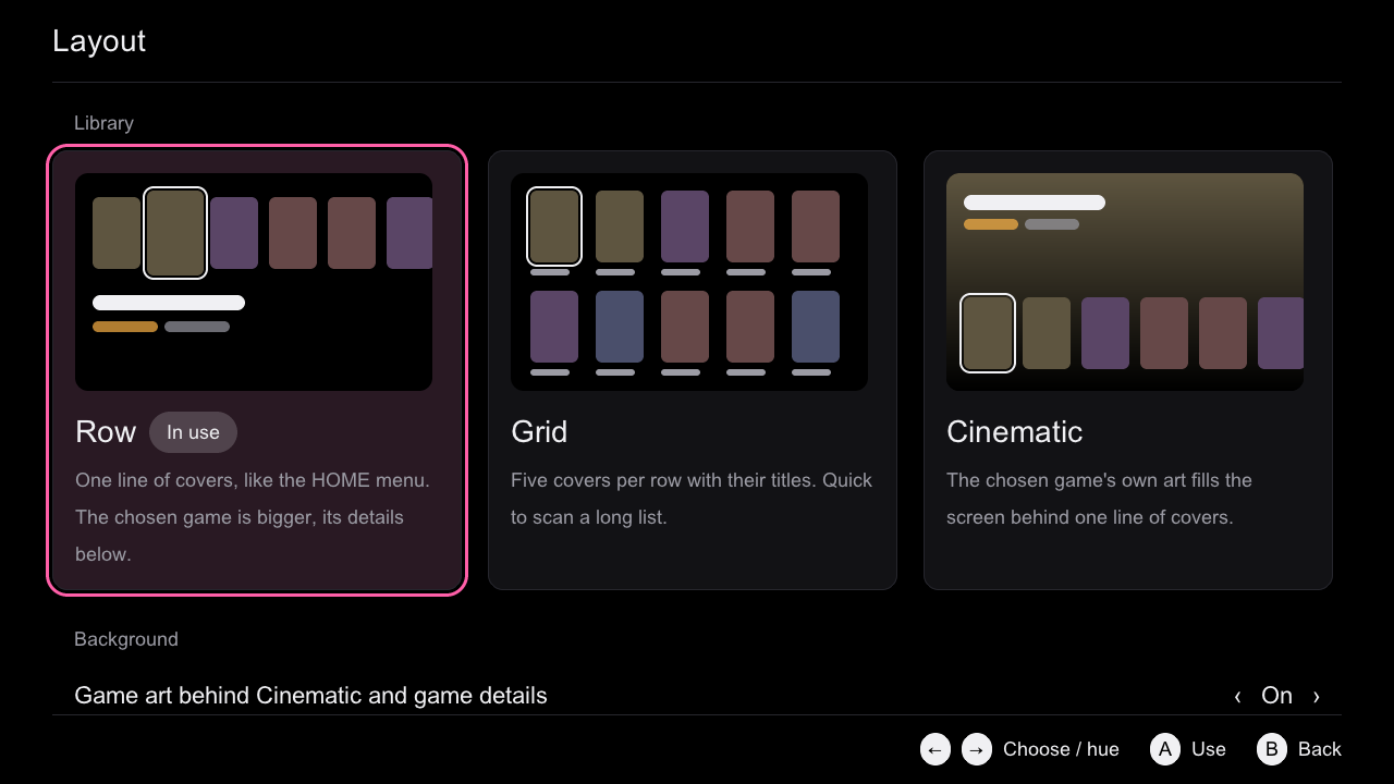 The Layout page: Row, Grid and Cinematic side by side as wireframe previews; Row is in use.