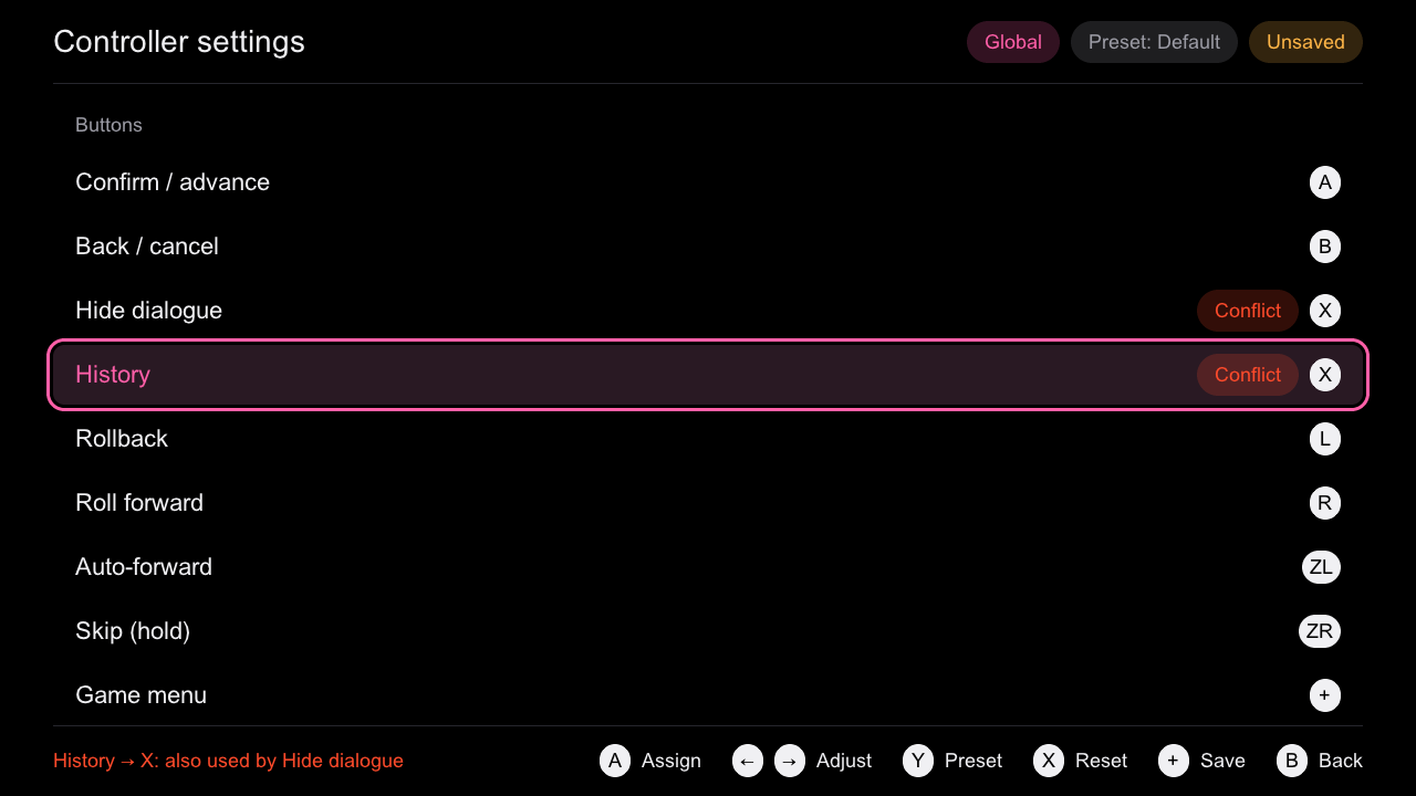 Controller settings: one row per action with its buttons; two rows marked Conflict.