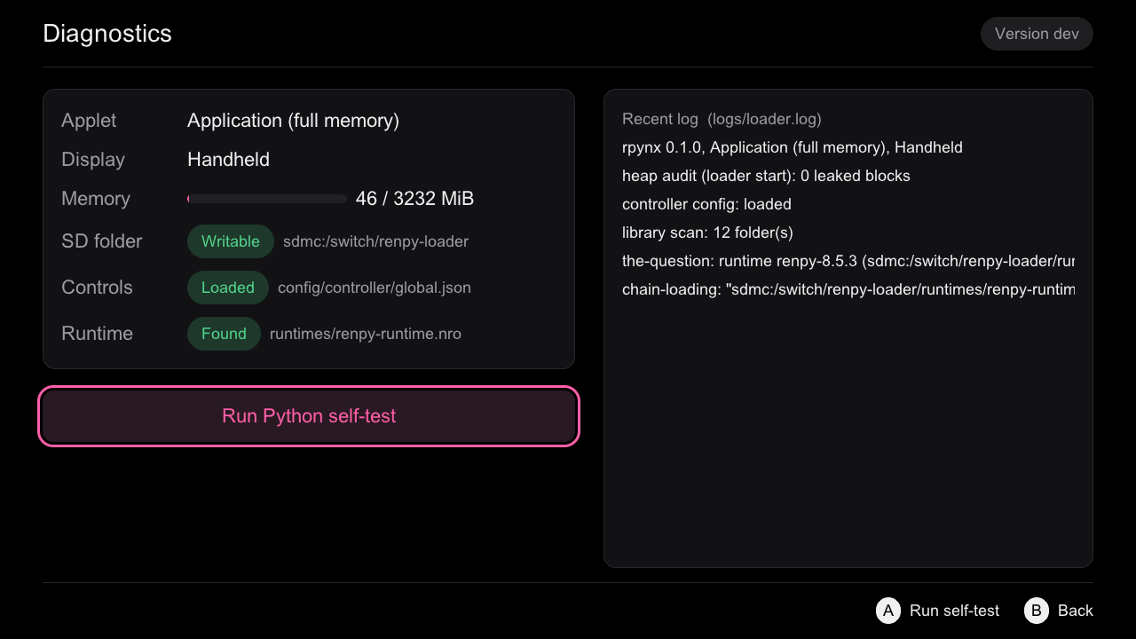 Diagnostics: applet type, display, memory bar, SD folder, controls, runtime; the recent log on the right.