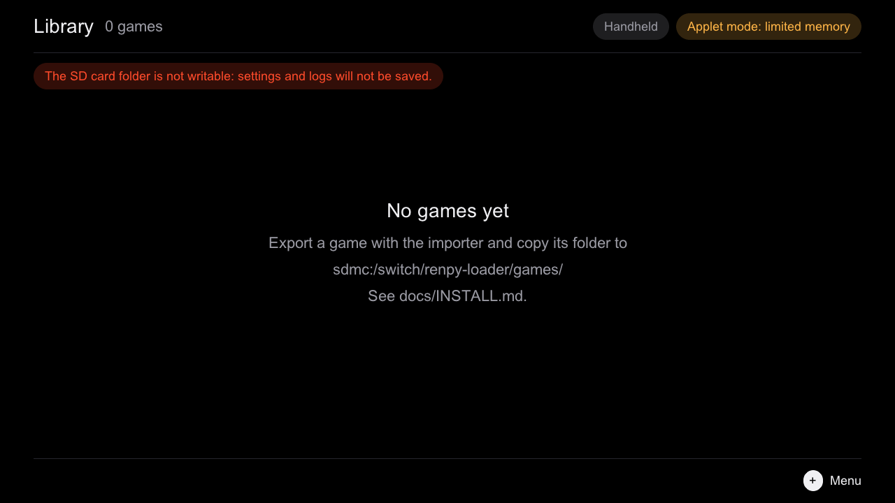 The loader’s library before any game is added: it says where to copy games.